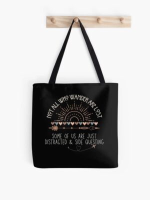 adhd merch: adhd bags 'not all who wander are lost; distracted and side questing' boho style tote
