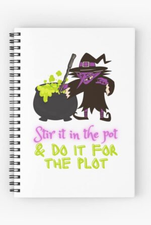 adhd merch: adhd notebook 'stir it in the pot and do it for the plot' halloween witch