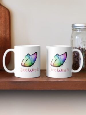 ADHD merch: ADHD mug 'Just wing it' with rainbow butterfly